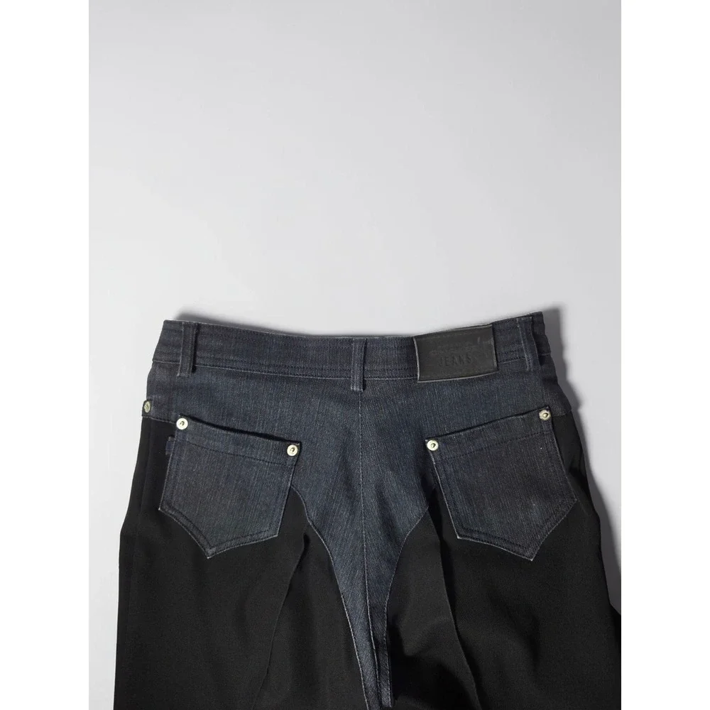 Nathalie Chaize Mixed Media Denim Wool Blend Wide Leg Trousers Black Blue Size 8 - Picture 5 of 8